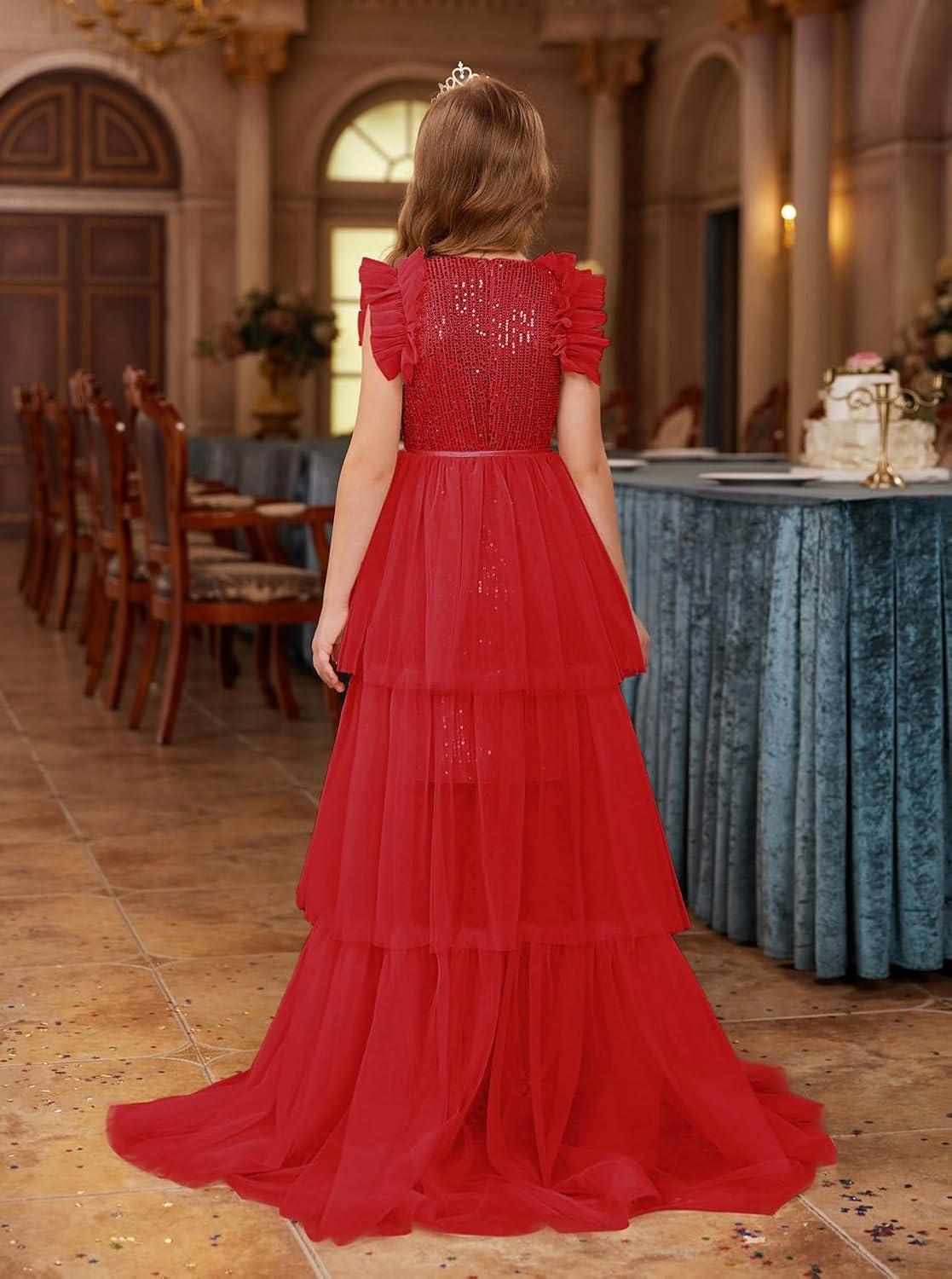 imageGRACE KARIN Girls Sequin Dress Formal Pageant Sparkle Party Ruffle Prom Maxi Dress Size 514YRed