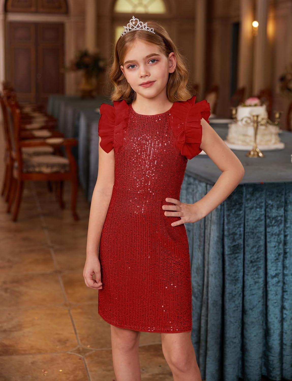 imageGRACE KARIN Girls Sequin Dress Formal Pageant Sparkle Party Ruffle Prom Maxi Dress Size 514YRed
