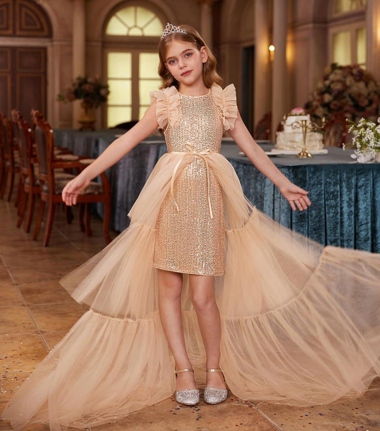 imageGRACE KARIN Girls Sequin Dress Formal Pageant Sparkle Party Ruffle Prom Maxi Dress Size 514YRose Gold