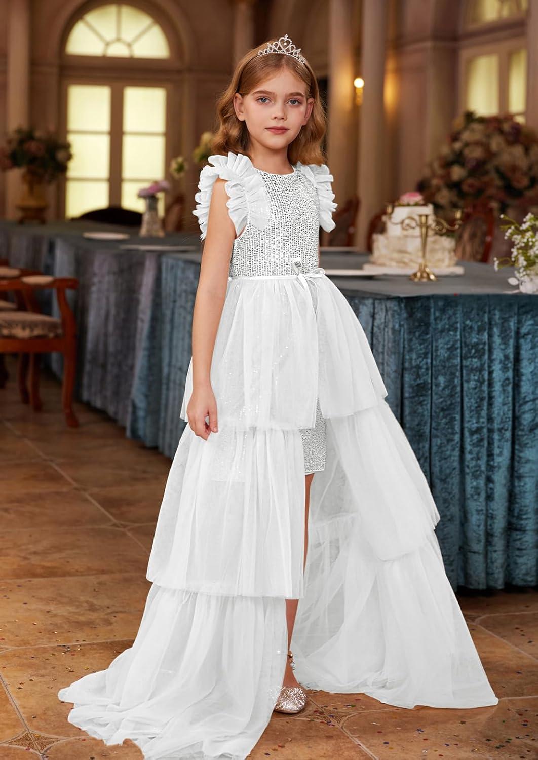 imageGRACE KARIN Girls Sequin Dress Formal Pageant Sparkle Party Ruffle Prom Maxi Dress Size 514YSilver