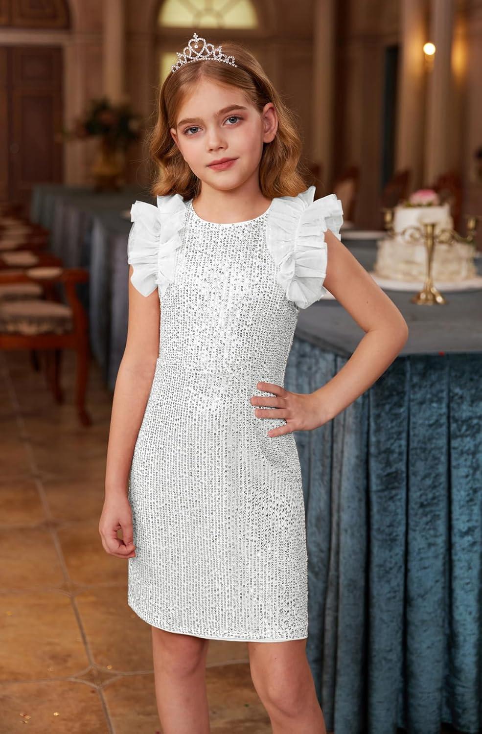 imageGRACE KARIN Girls Sequin Dress Formal Pageant Sparkle Party Ruffle Prom Maxi Dress Size 514YSilver