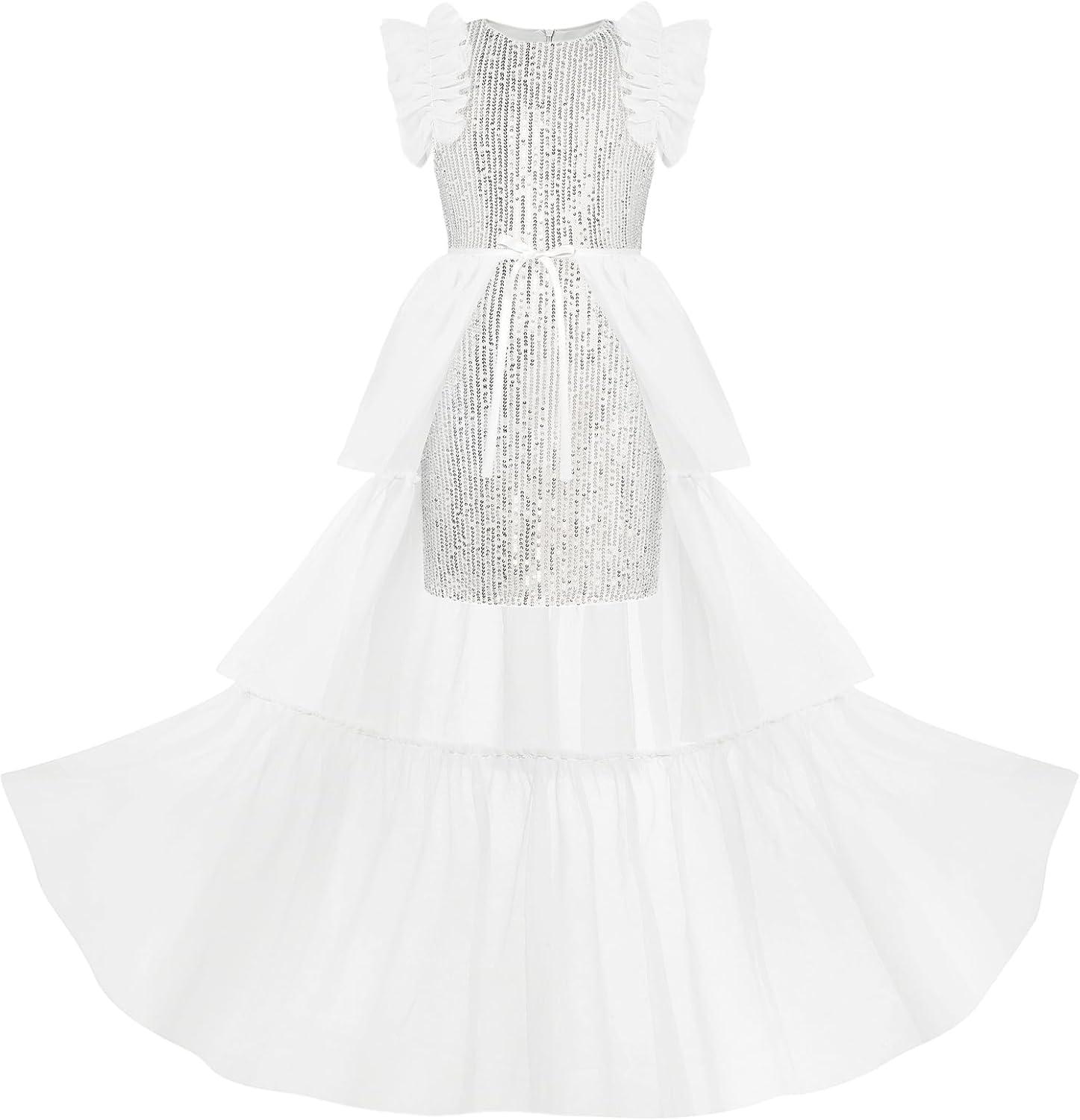 imageGRACE KARIN Girls Sequin Dress Formal Pageant Sparkle Party Ruffle Prom Maxi Dress Size 514YSilver