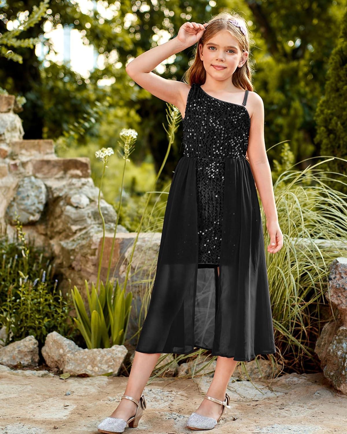 imageGRACE KARIN Girls Sequin Dress One Sleeve Formal Pageant Prom Party Special Occasion Dresses Size 514Black