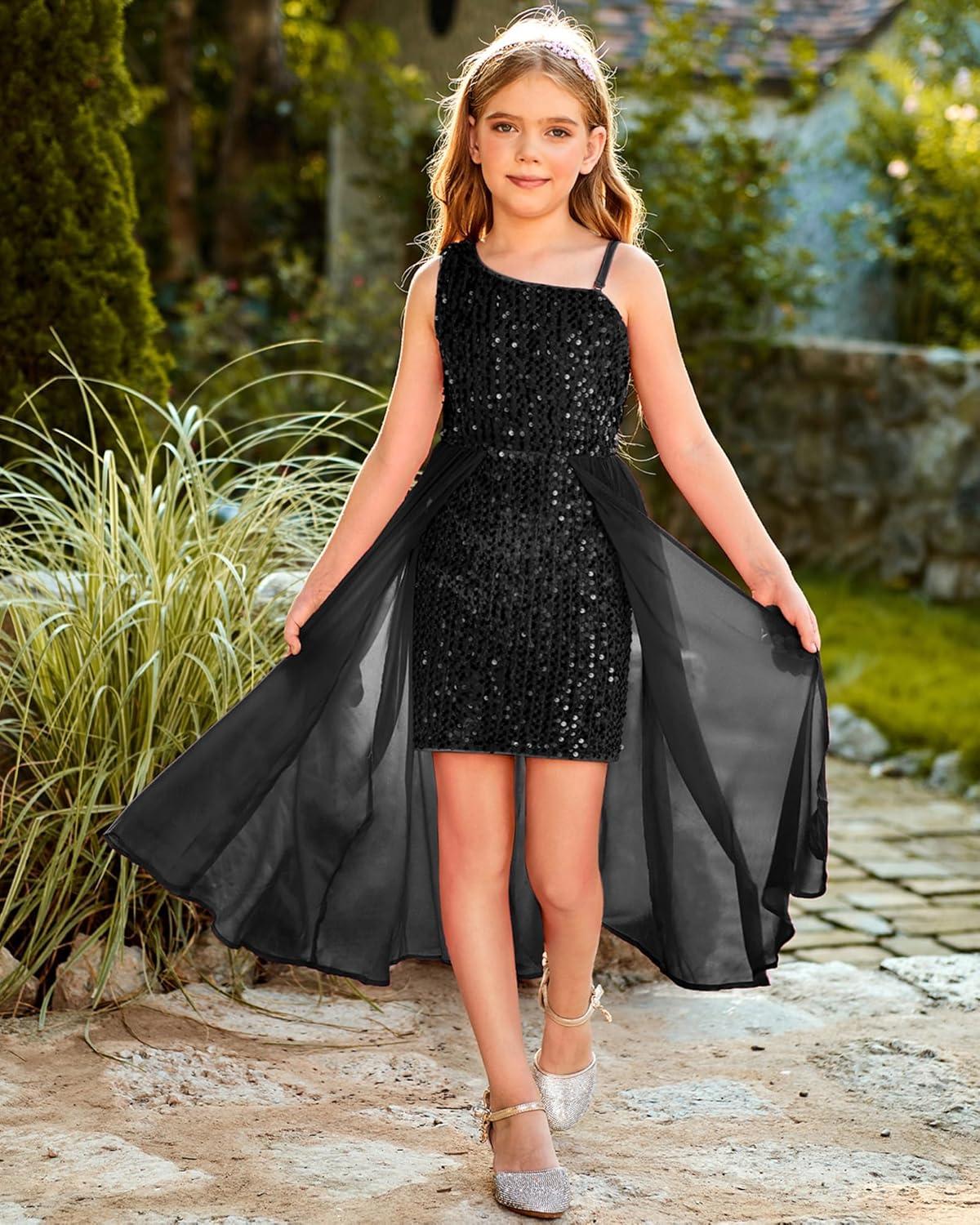 imageGRACE KARIN Girls Sequin Dress One Sleeve Formal Pageant Prom Party Special Occasion Dresses Size 514Black