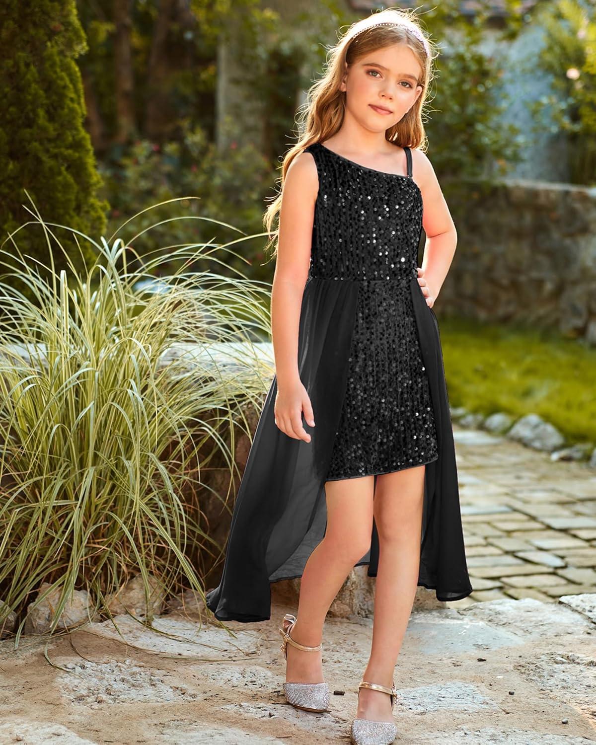 imageGRACE KARIN Girls Sequin Dress One Sleeve Formal Pageant Prom Party Special Occasion Dresses Size 514Black