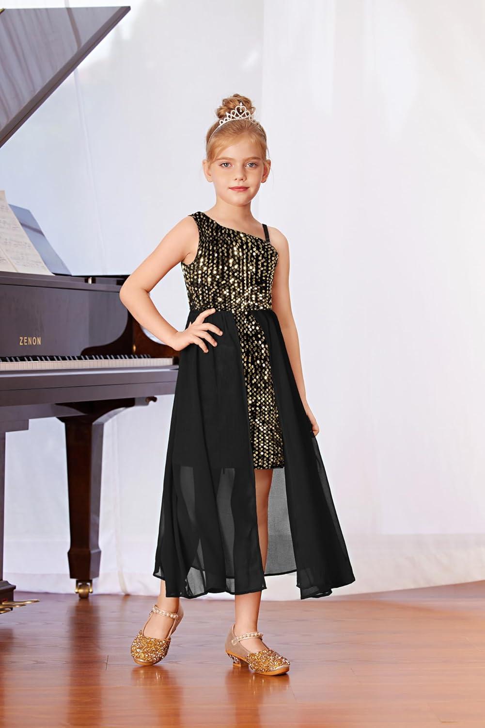 imageGRACE KARIN Girls Sequin Dress One Sleeve Formal Pageant Prom Party Special Occasion Dresses Size 514Black Gold