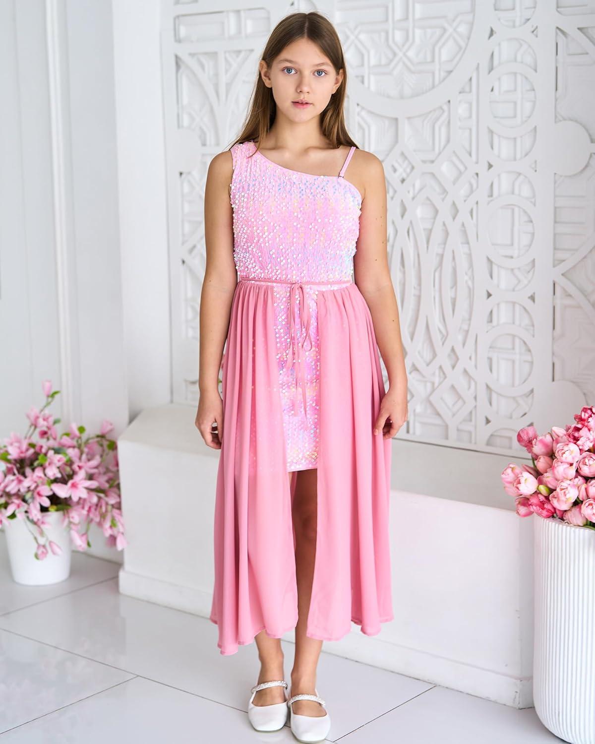imageGRACE KARIN Girls Sequin Dress One Sleeve Formal Pageant Prom Party Special Occasion Dresses Size 514Candy Pink