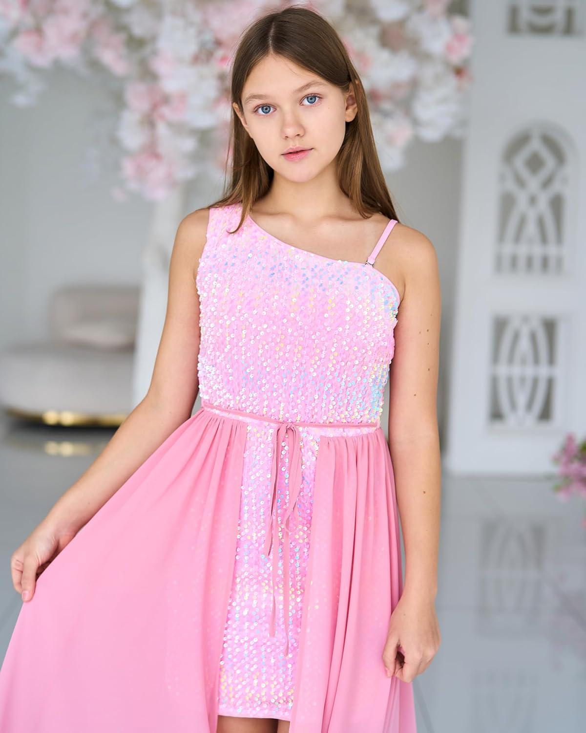 imageGRACE KARIN Girls Sequin Dress One Sleeve Formal Pageant Prom Party Special Occasion Dresses Size 514Candy Pink