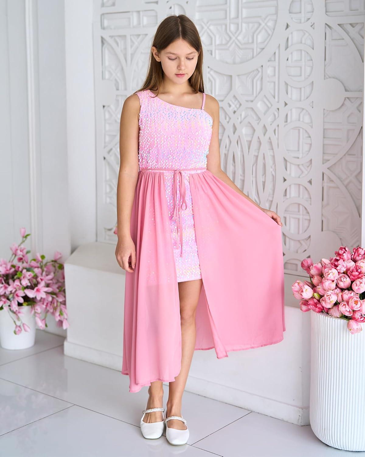 imageGRACE KARIN Girls Sequin Dress One Sleeve Formal Pageant Prom Party Special Occasion Dresses Size 514Candy Pink