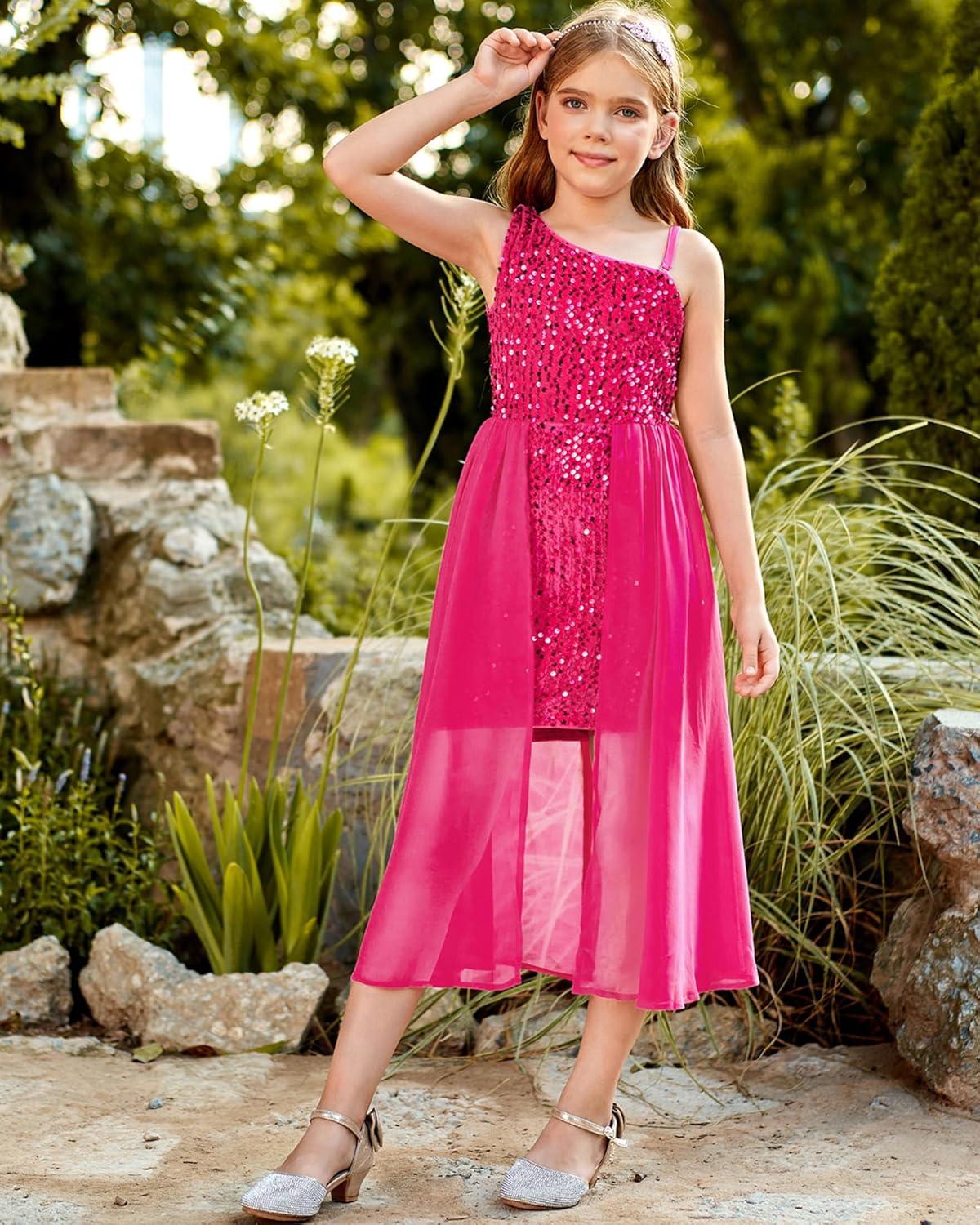 imageGRACE KARIN Girls Sequin Dress One Sleeve Formal Pageant Prom Party Special Occasion Dresses Size 514Hot Pink