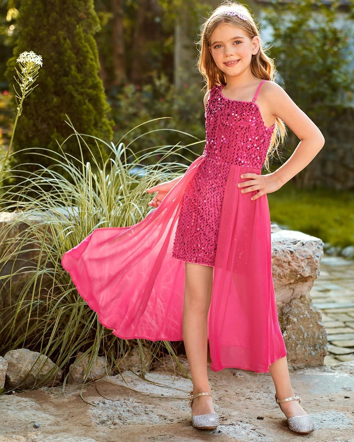 imageGRACE KARIN Girls Sequin Dress One Sleeve Formal Pageant Prom Party Special Occasion Dresses Size 514Hot Pink