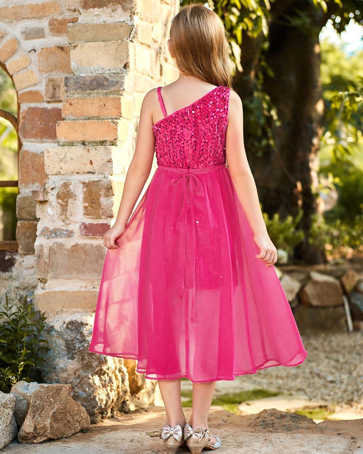 imageGRACE KARIN Girls Sequin Dress One Sleeve Formal Pageant Prom Party Special Occasion Dresses Size 514Hot Pink