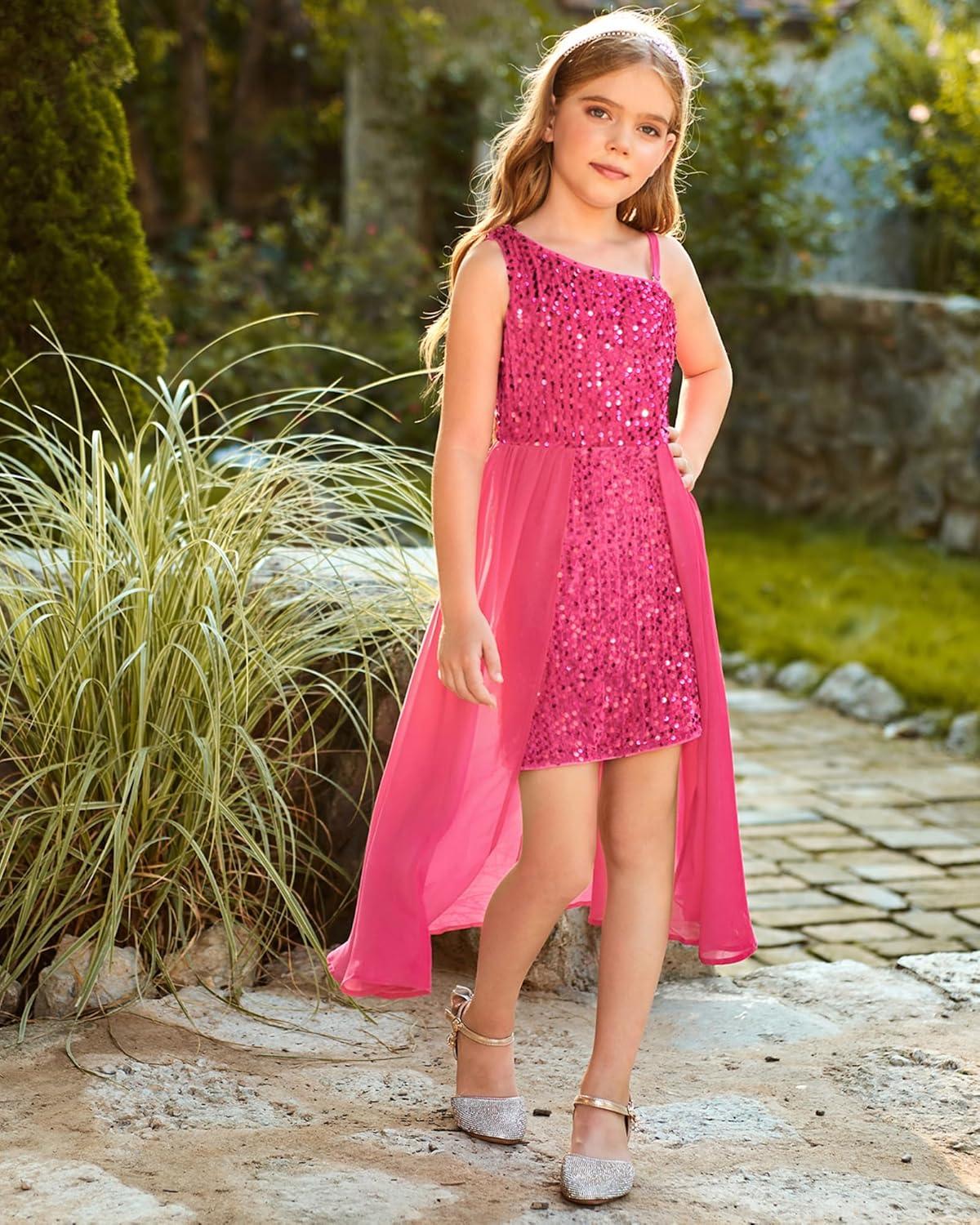 imageGRACE KARIN Girls Sequin Dress One Sleeve Formal Pageant Prom Party Special Occasion Dresses Size 514Hot Pink
