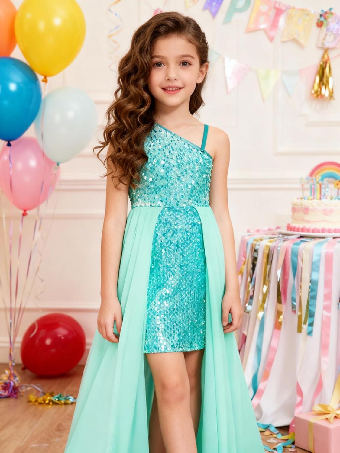 imageGRACE KARIN Girls Sequin Dress One Sleeve Formal Pageant Prom Party Special Occasion Dresses Size 514Light Green