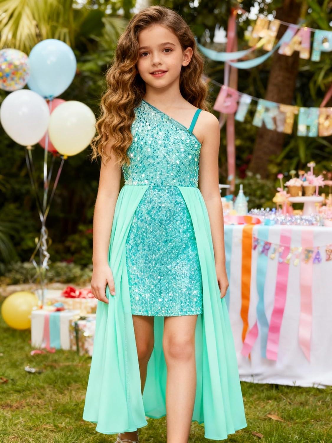 imageGRACE KARIN Girls Sequin Dress One Sleeve Formal Pageant Prom Party Special Occasion Dresses Size 514Light Green