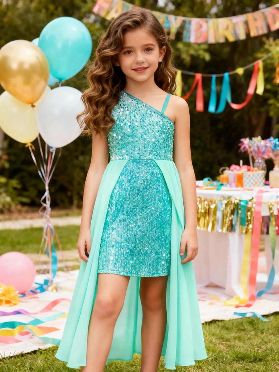 imageGRACE KARIN Girls Sequin Dress One Sleeve Formal Pageant Prom Party Special Occasion Dresses Size 514Light Green