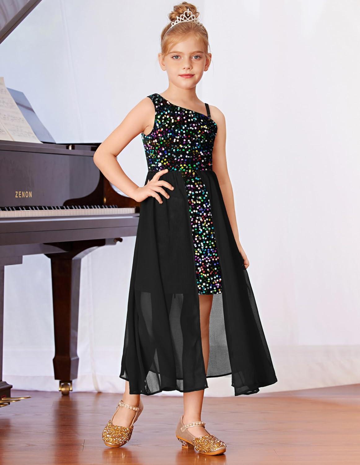 imageGRACE KARIN Girls Sequin Dress One Sleeve Formal Pageant Prom Party Special Occasion Dresses Size 514Magic Black