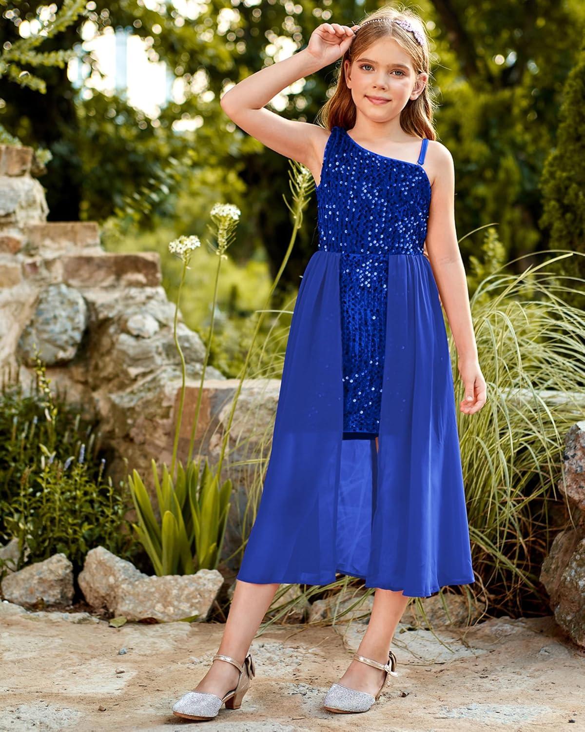 imageGRACE KARIN Girls Sequin Dress One Sleeve Formal Pageant Prom Party Special Occasion Dresses Size 514Navy Blue