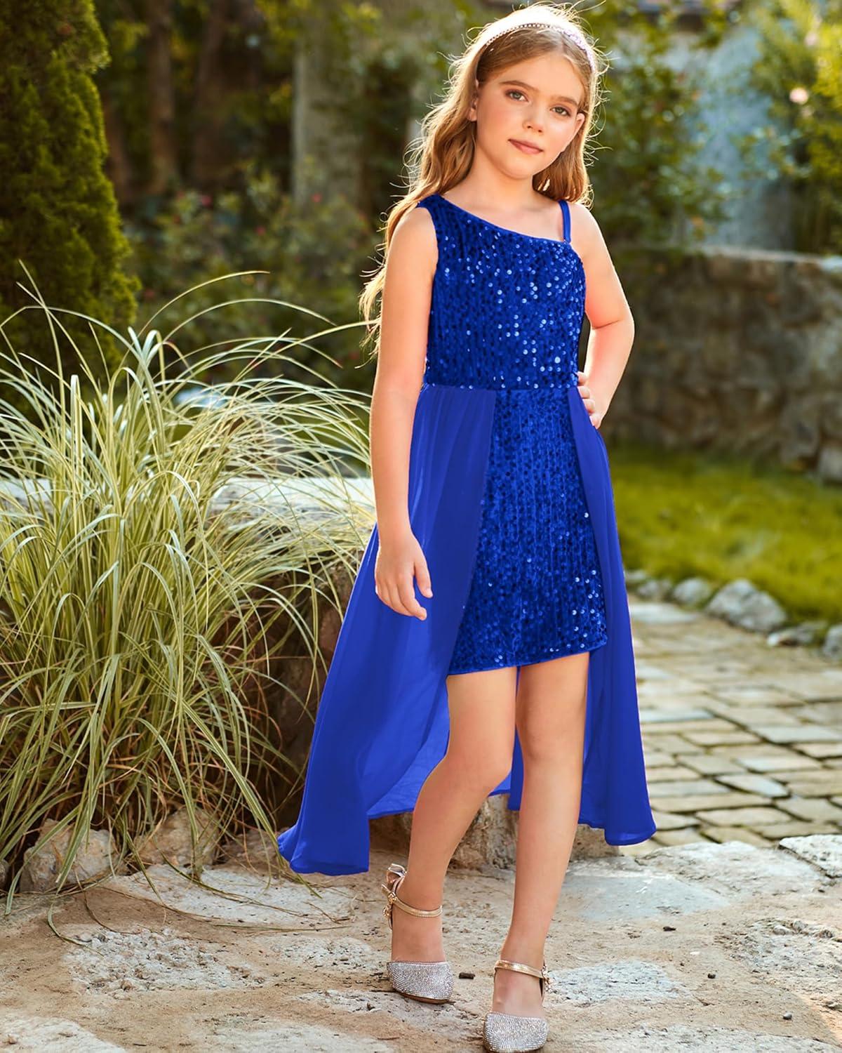 imageGRACE KARIN Girls Sequin Dress One Sleeve Formal Pageant Prom Party Special Occasion Dresses Size 514Navy Blue