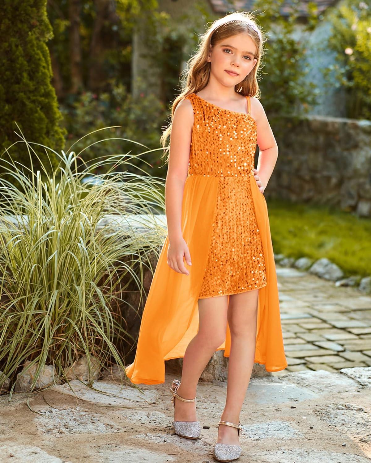 imageGRACE KARIN Girls Sequin Dress One Sleeve Formal Pageant Prom Party Special Occasion Dresses Size 514Pumpkin