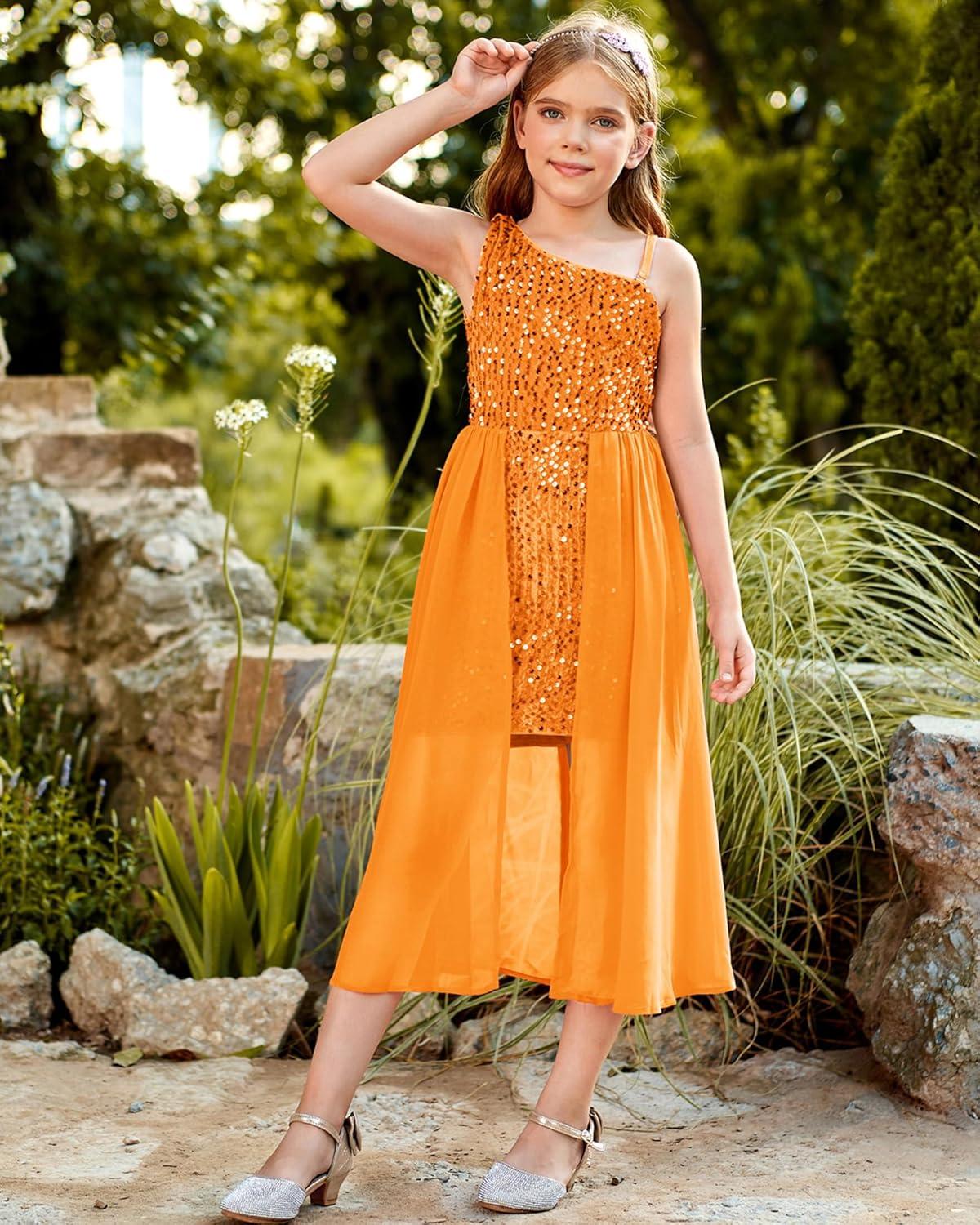 imageGRACE KARIN Girls Sequin Dress One Sleeve Formal Pageant Prom Party Special Occasion Dresses Size 514Pumpkin