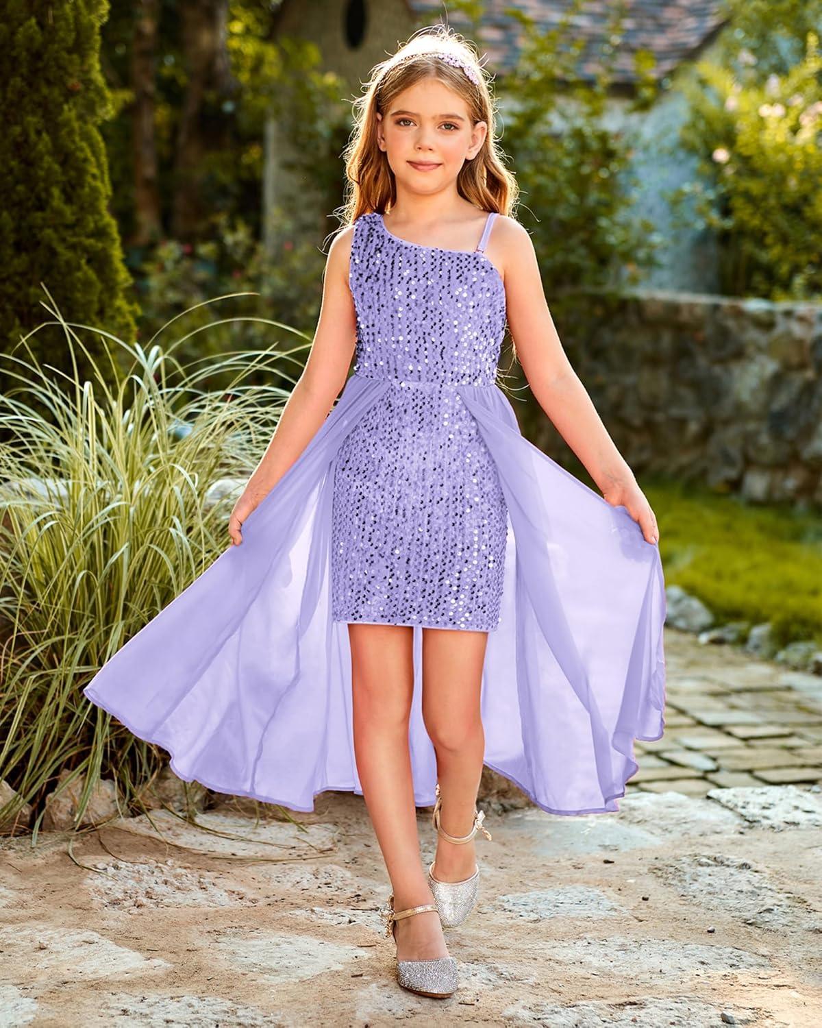 imageGRACE KARIN Girls Sequin Dress One Sleeve Formal Pageant Prom Party Special Occasion Dresses Size 514Purple