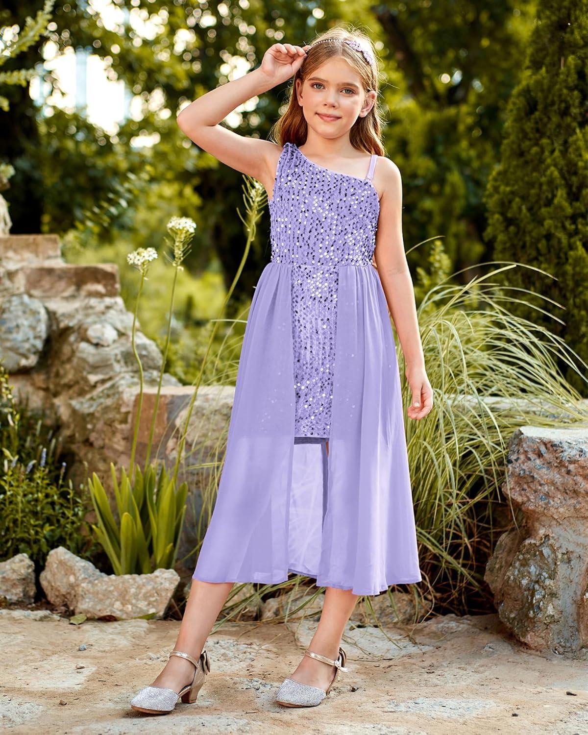 imageGRACE KARIN Girls Sequin Dress One Sleeve Formal Pageant Prom Party Special Occasion Dresses Size 514Purple
