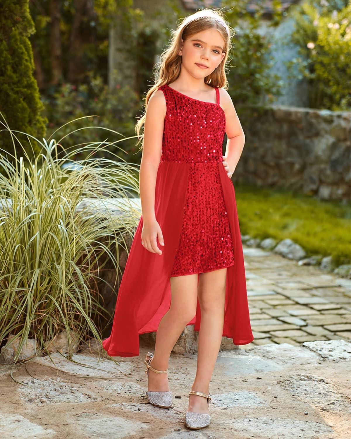 imageGRACE KARIN Girls Sequin Dress One Sleeve Formal Pageant Prom Party Special Occasion Dresses Size 514Red