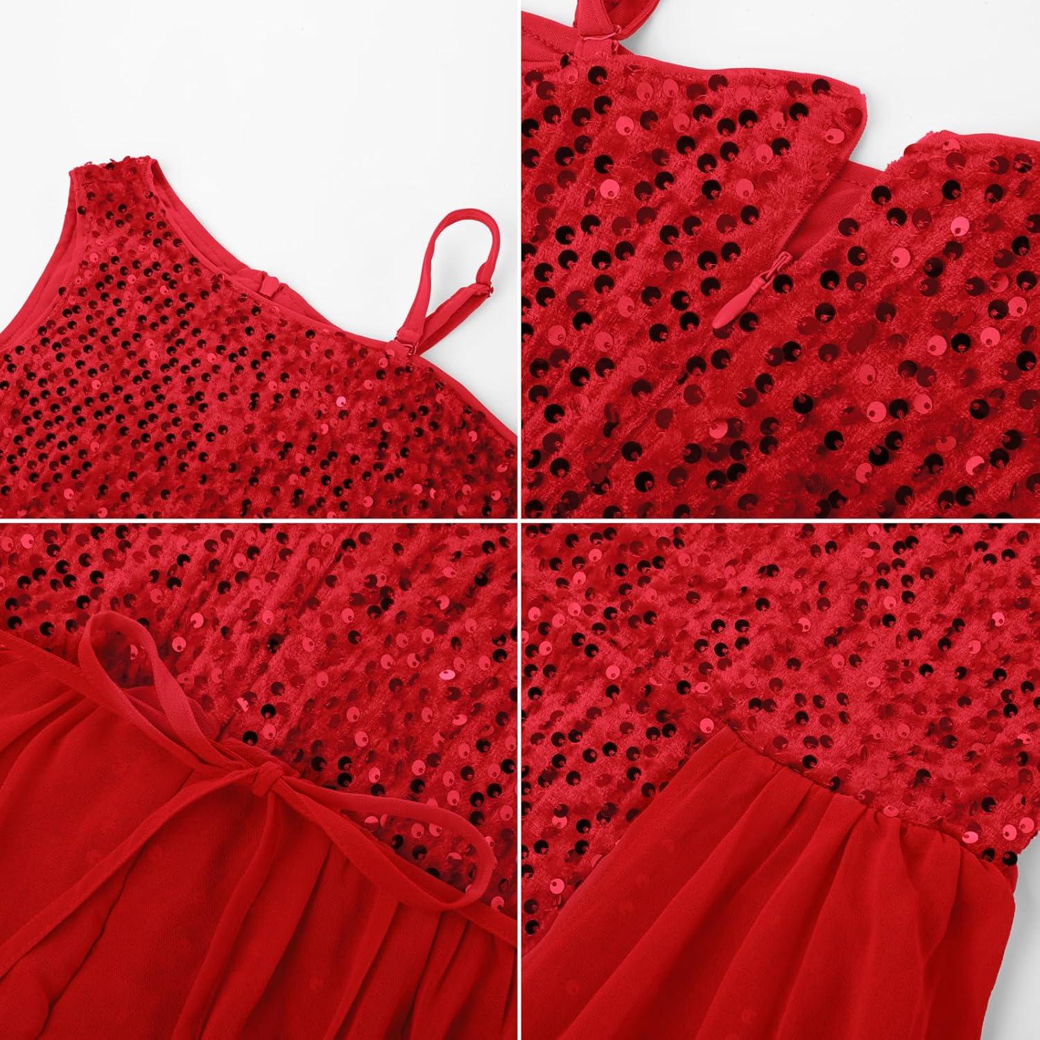 imageGRACE KARIN Girls Sequin Dress One Sleeve Formal Pageant Prom Party Special Occasion Dresses Size 514Red