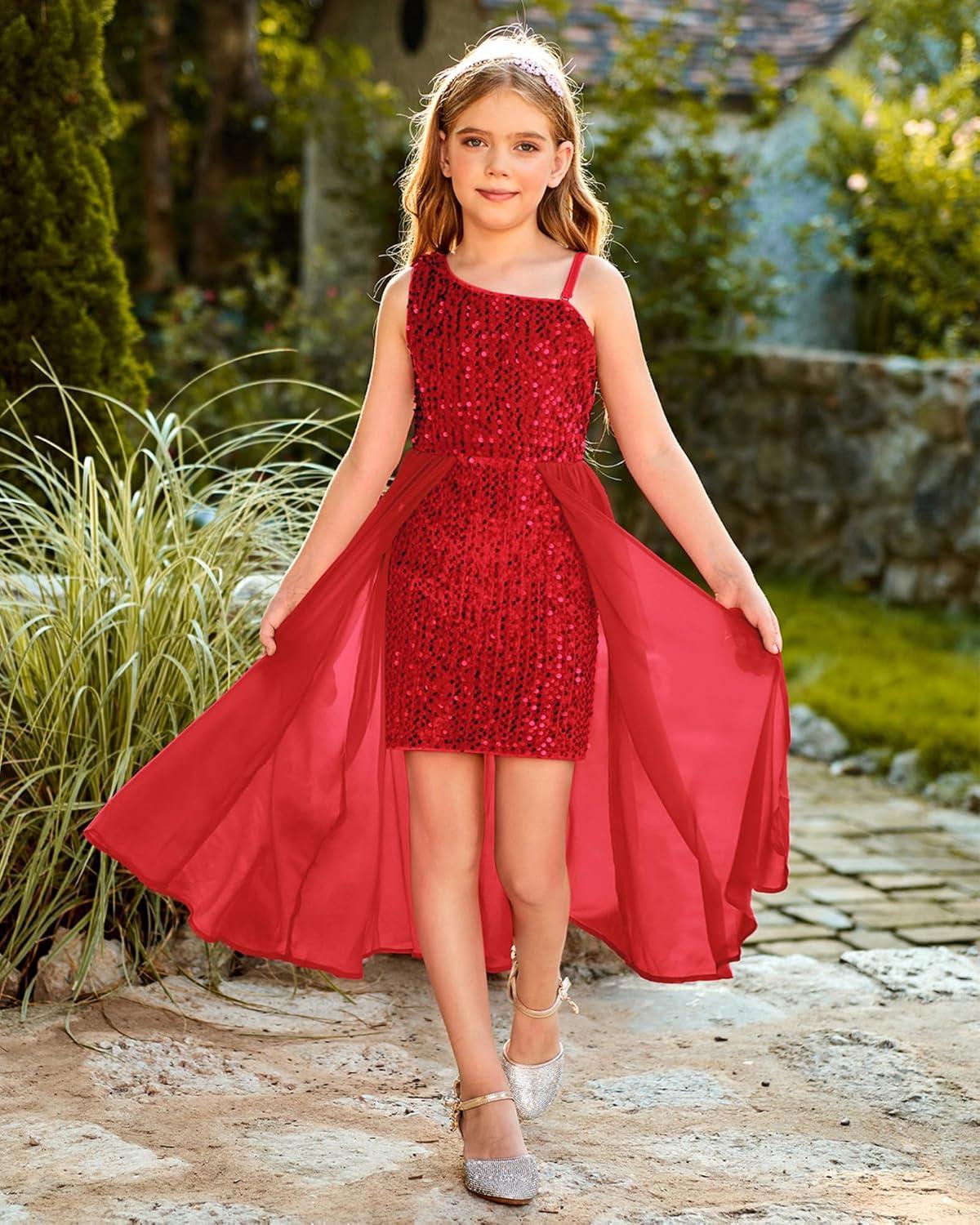 imageGRACE KARIN Girls Sequin Dress One Sleeve Formal Pageant Prom Party Special Occasion Dresses Size 514Red