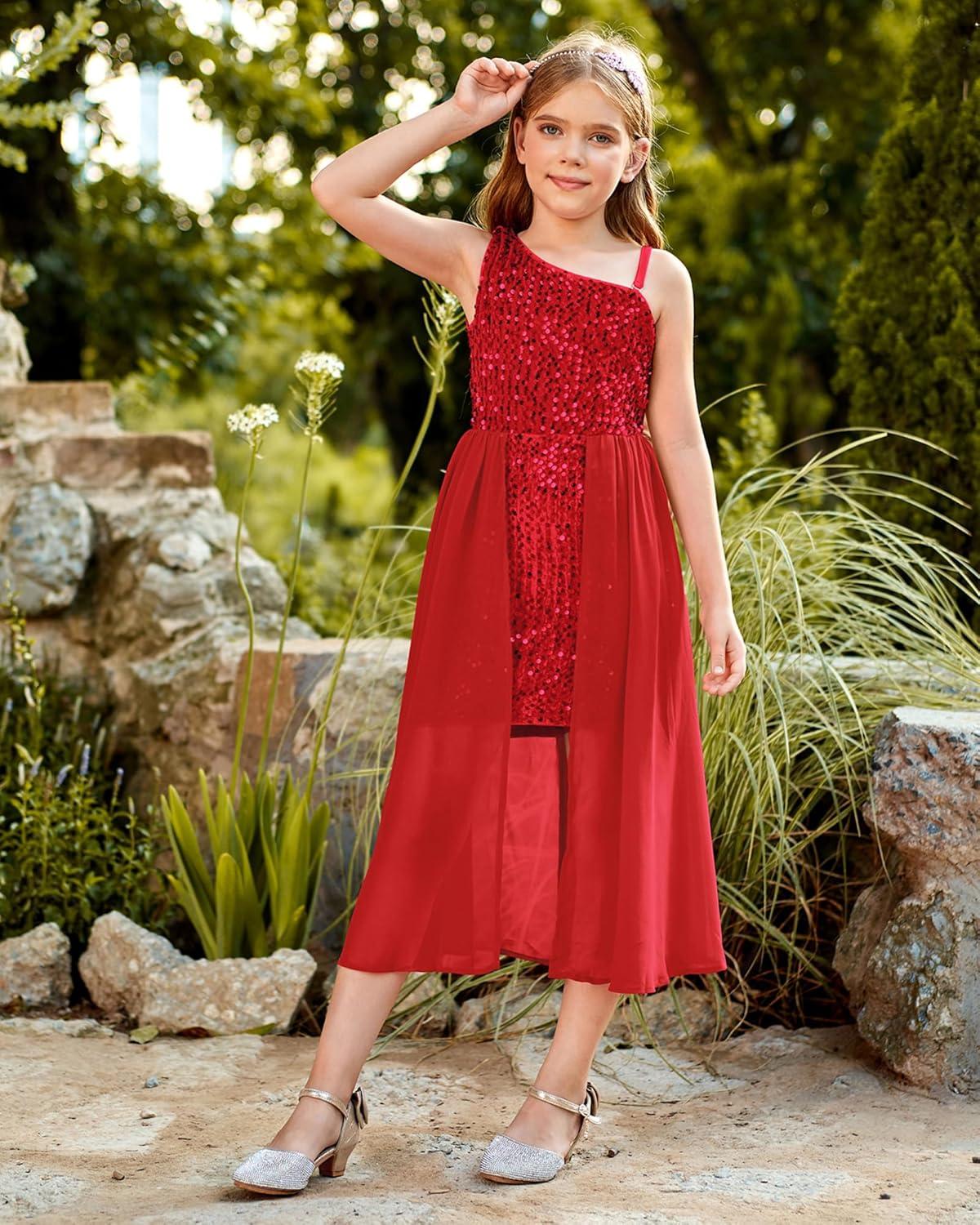 imageGRACE KARIN Girls Sequin Dress One Sleeve Formal Pageant Prom Party Special Occasion Dresses Size 514Red