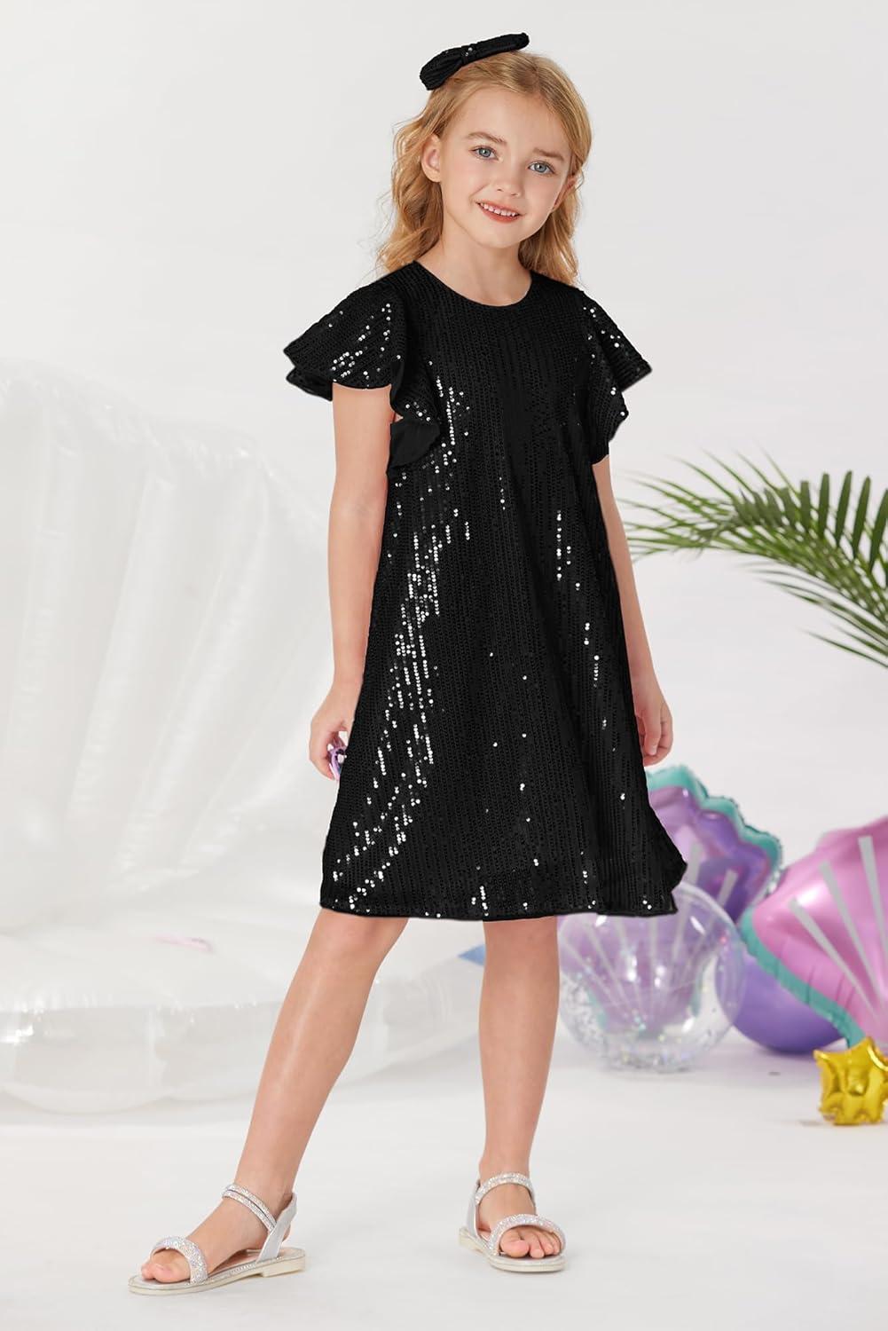 imageGRACE KARIN Girls Sequin Dress Short Flutter Sleeve Flare Silhouette Midi Dress with Hairbow 512YBlack