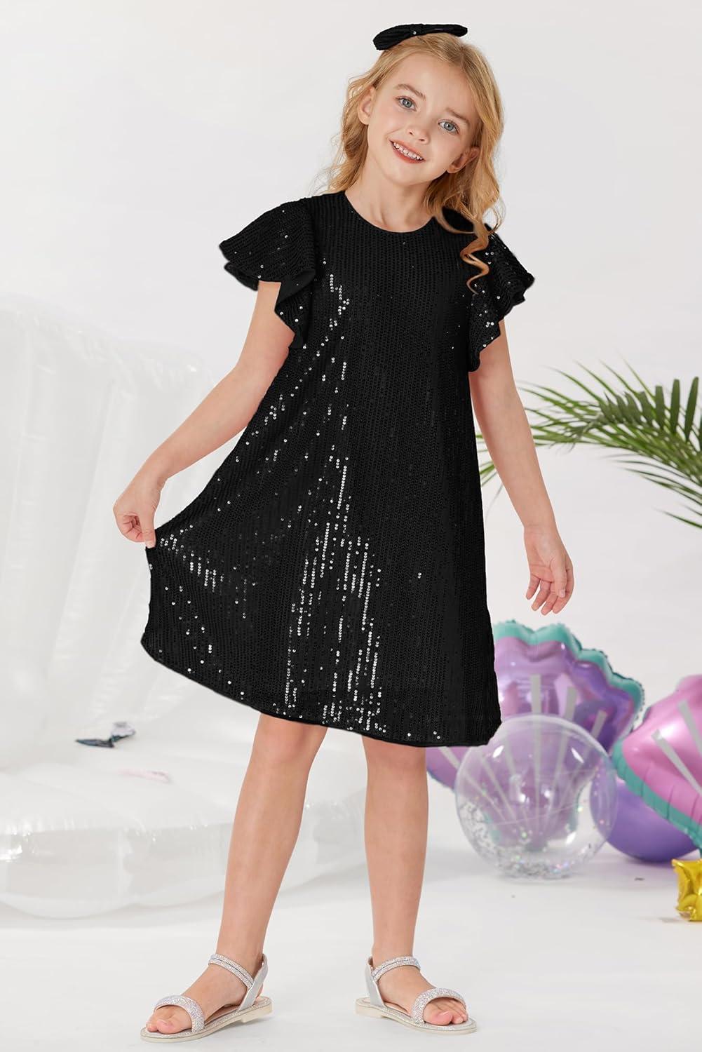 imageGRACE KARIN Girls Sequin Dress Short Flutter Sleeve Flare Silhouette Midi Dress with Hairbow 512YBlack