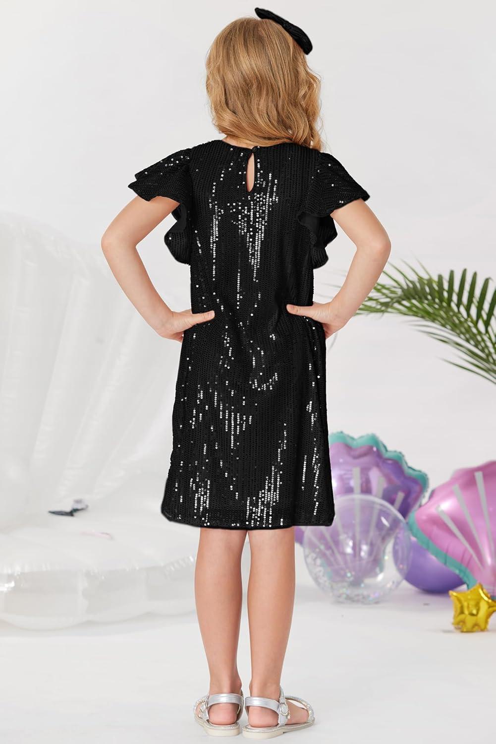 imageGRACE KARIN Girls Sequin Dress Short Flutter Sleeve Flare Silhouette Midi Dress with Hairbow 512YBlack