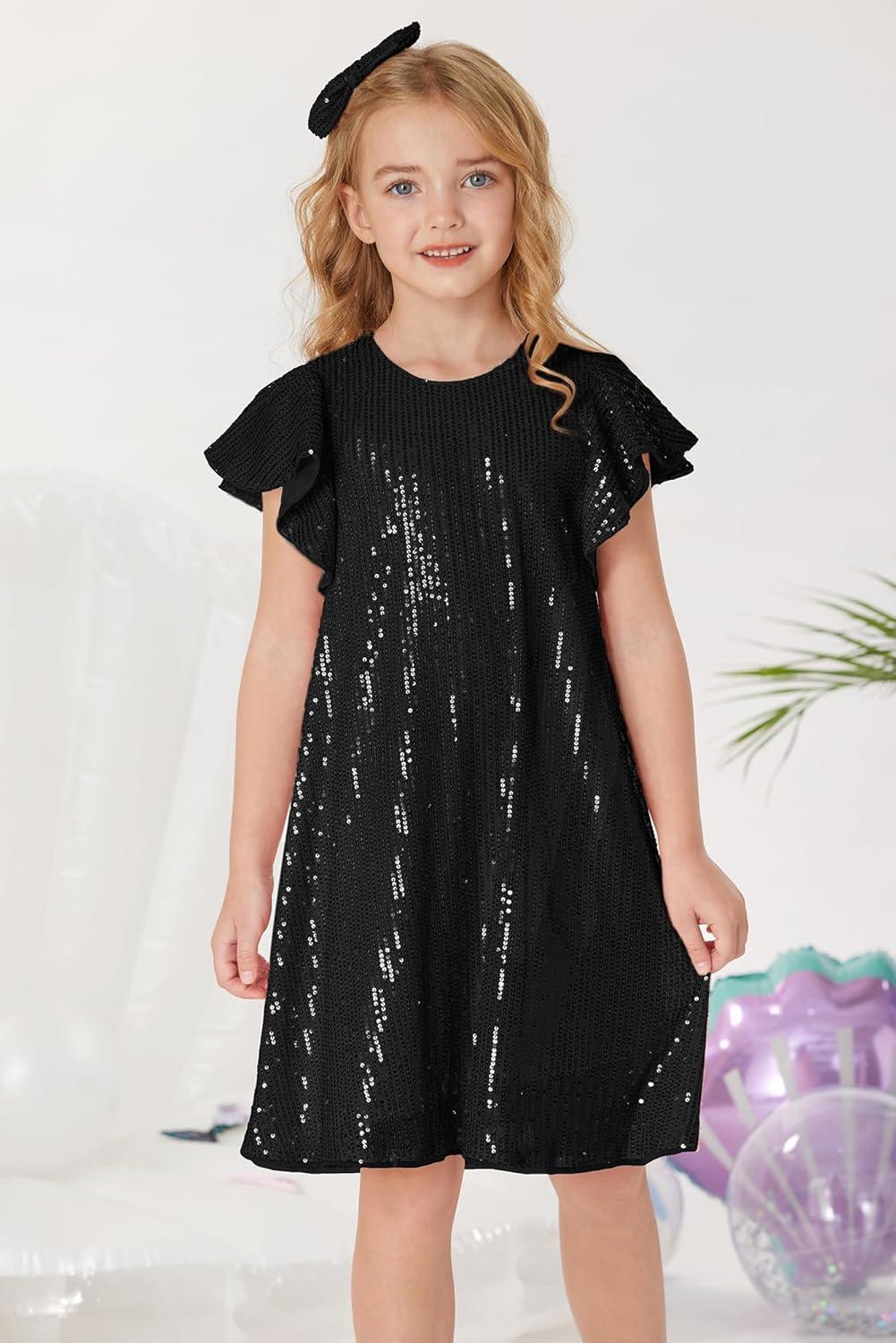 imageGRACE KARIN Girls Sequin Dress Short Flutter Sleeve Flare Silhouette Midi Dress with Hairbow 512YBlack