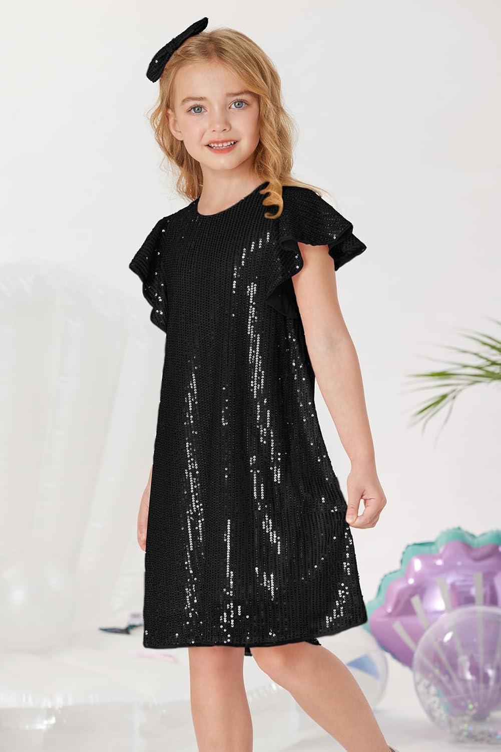 imageGRACE KARIN Girls Sequin Dress Short Flutter Sleeve Flare Silhouette Midi Dress with Hairbow 512YBlack