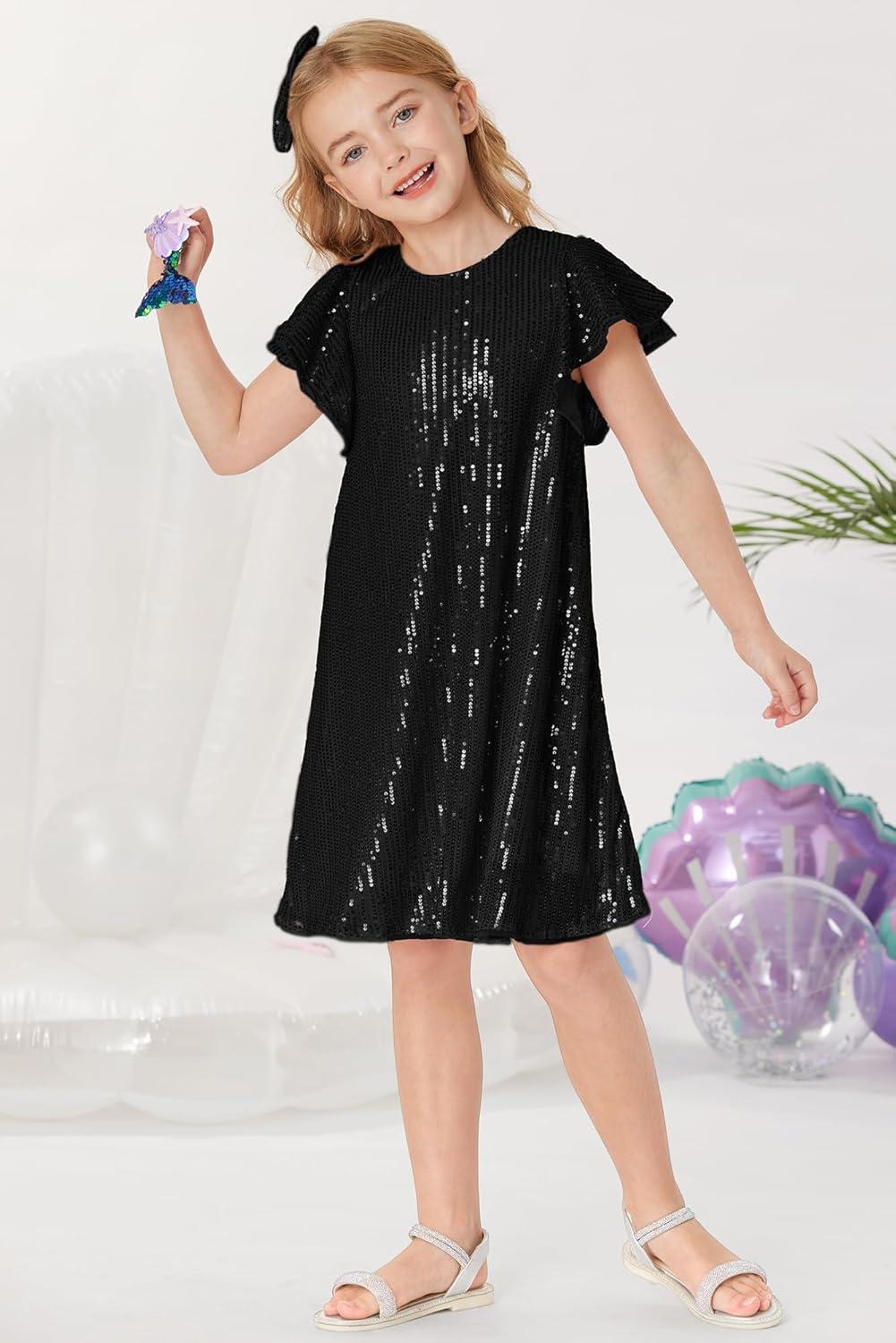 imageGRACE KARIN Girls Sequin Dress Short Flutter Sleeve Flare Silhouette Midi Dress with Hairbow 512YBlack