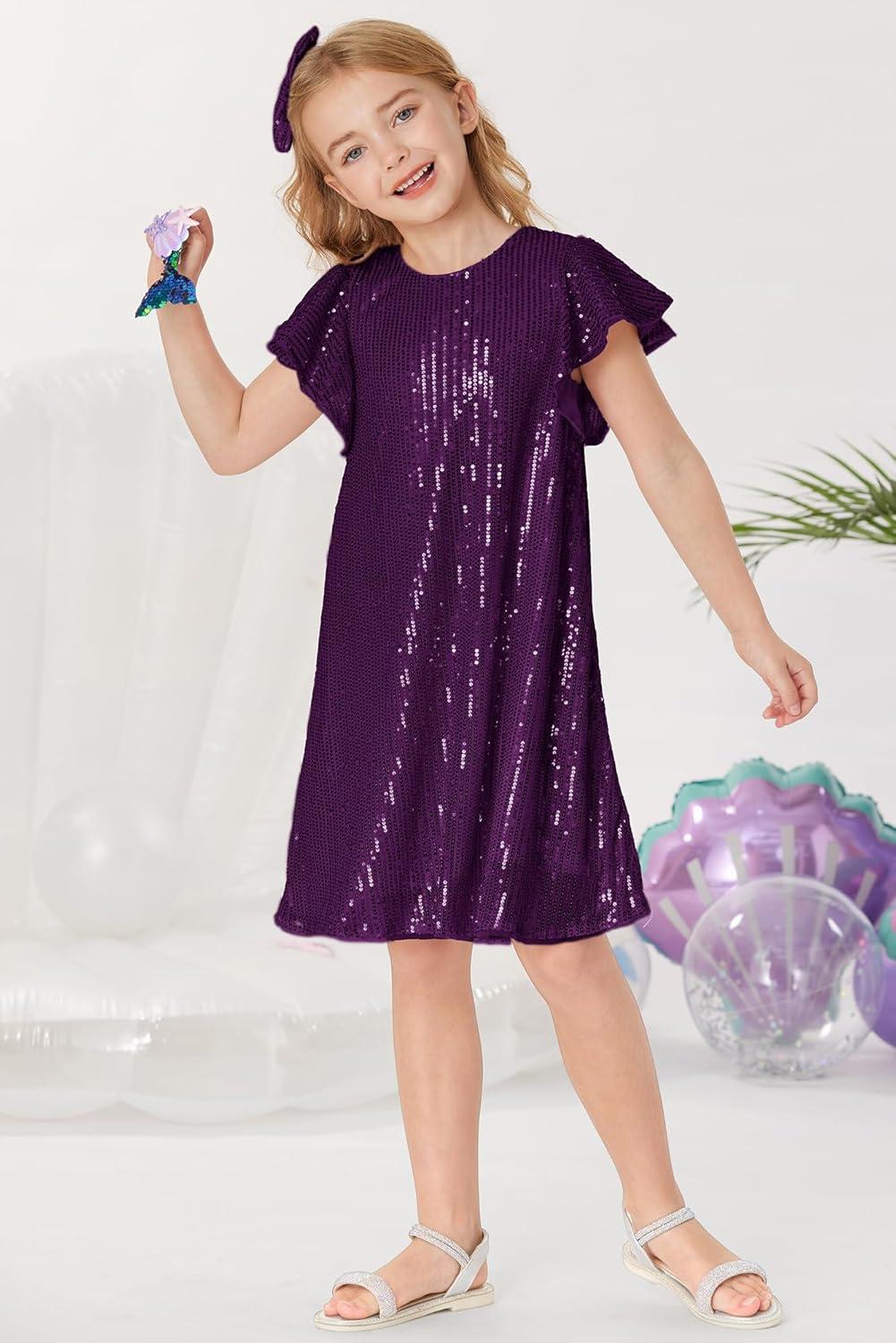imageGRACE KARIN Girls Sequin Dress Short Flutter Sleeve Flare Silhouette Midi Dress with Hairbow 512YDark Purple