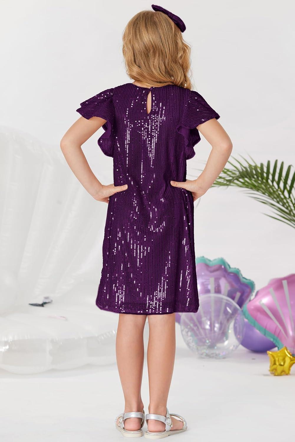 imageGRACE KARIN Girls Sequin Dress Short Flutter Sleeve Flare Silhouette Midi Dress with Hairbow 512YDark Purple