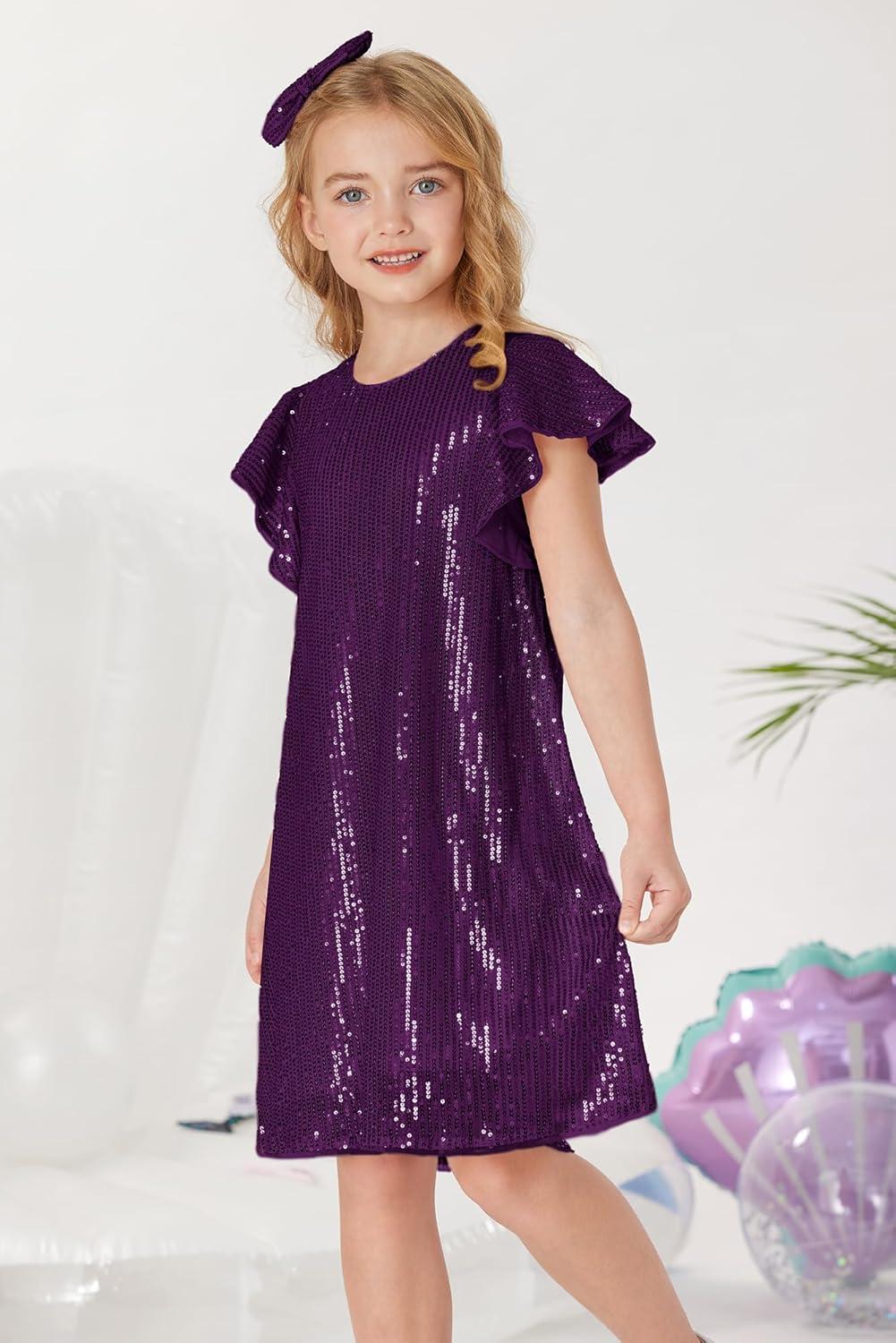 imageGRACE KARIN Girls Sequin Dress Short Flutter Sleeve Flare Silhouette Midi Dress with Hairbow 512YDark Purple
