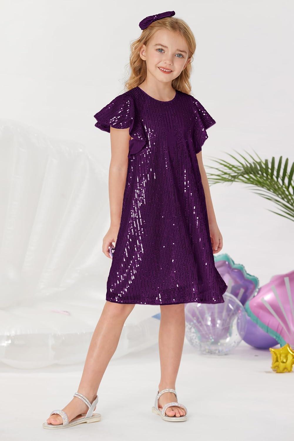 imageGRACE KARIN Girls Sequin Dress Short Flutter Sleeve Flare Silhouette Midi Dress with Hairbow 512YDark Purple
