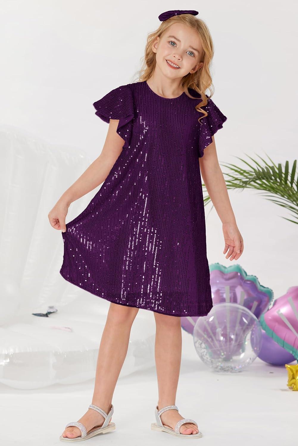 imageGRACE KARIN Girls Sequin Dress Short Flutter Sleeve Flare Silhouette Midi Dress with Hairbow 512YDark Purple
