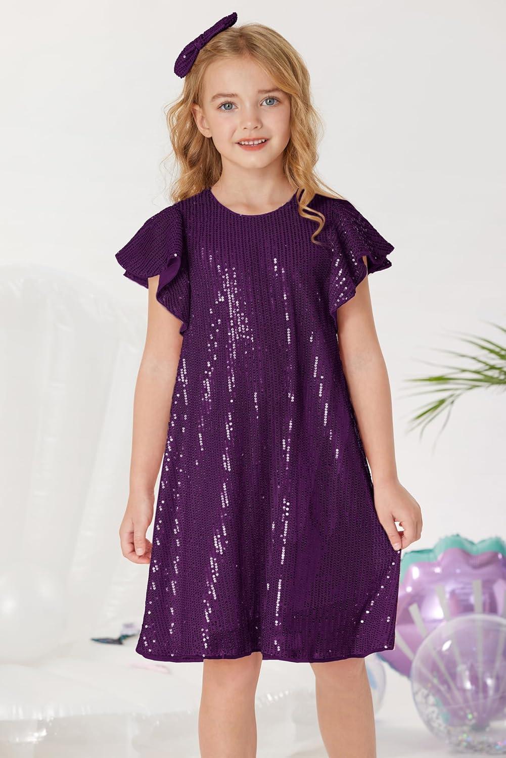 imageGRACE KARIN Girls Sequin Dress Short Flutter Sleeve Flare Silhouette Midi Dress with Hairbow 512YDark Purple