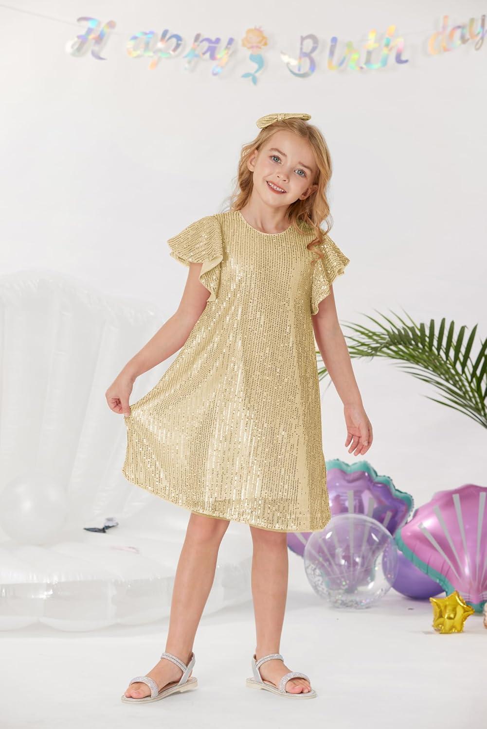 imageGRACE KARIN Girls Sequin Dress Short Flutter Sleeve Flare Silhouette Midi Dress with Hairbow 512YGold