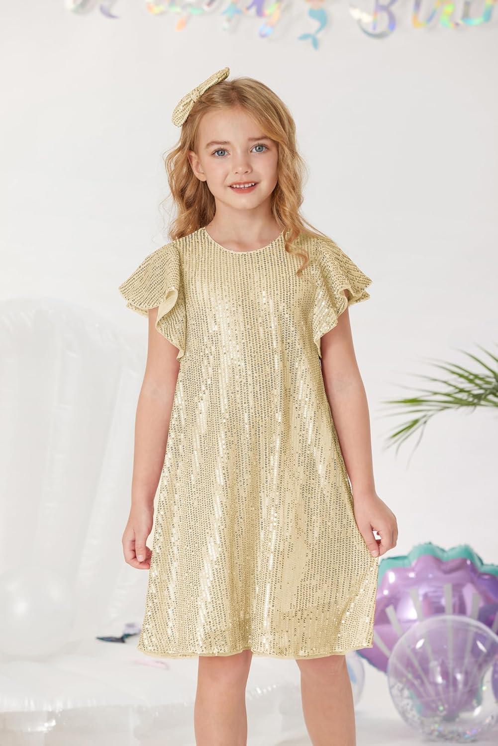 imageGRACE KARIN Girls Sequin Dress Short Flutter Sleeve Flare Silhouette Midi Dress with Hairbow 512YGold