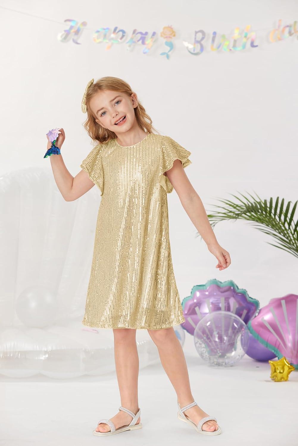 imageGRACE KARIN Girls Sequin Dress Short Flutter Sleeve Flare Silhouette Midi Dress with Hairbow 512YGold