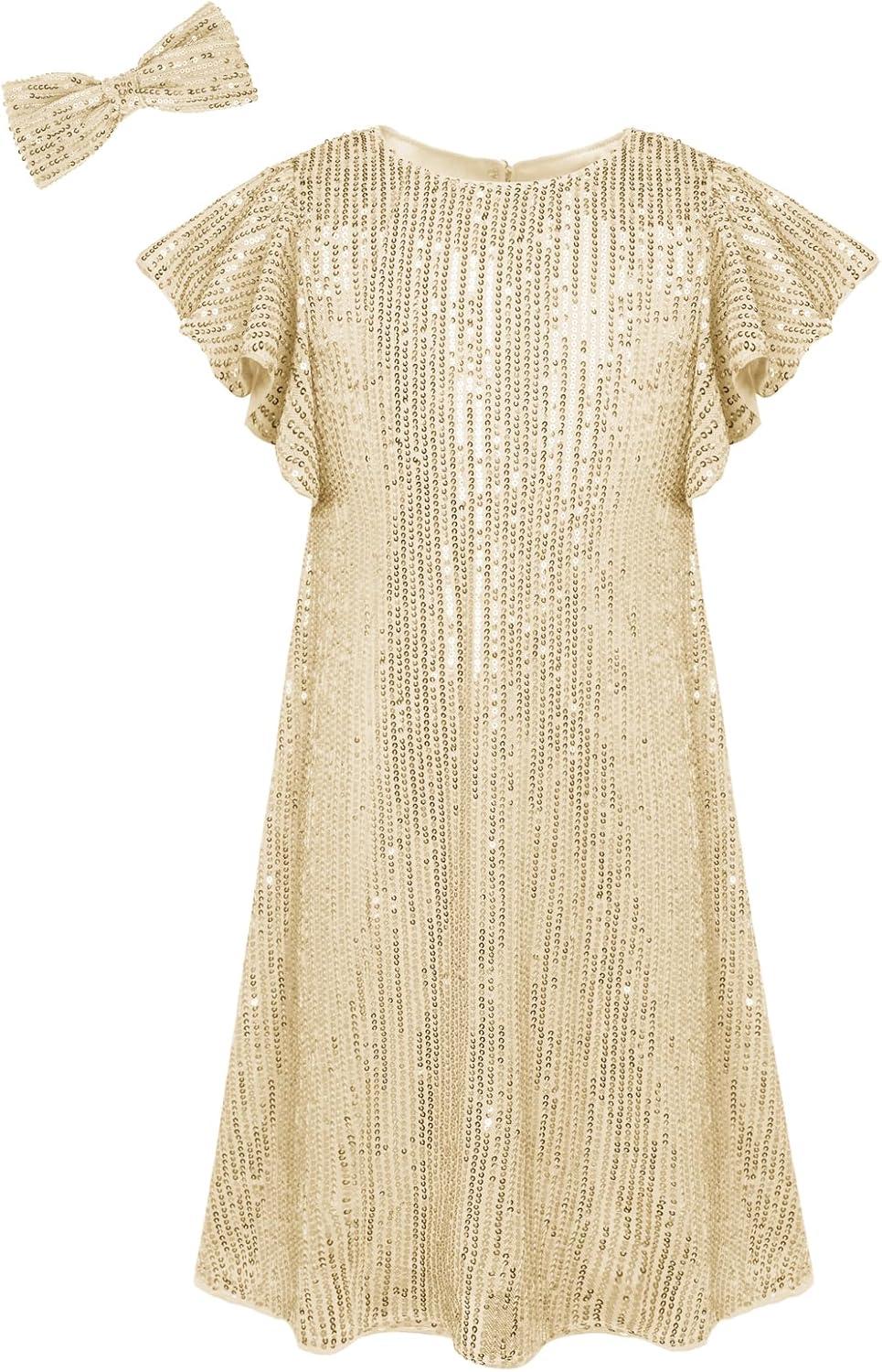 imageGRACE KARIN Girls Sequin Dress Short Flutter Sleeve Flare Silhouette Midi Dress with Hairbow 512YGold