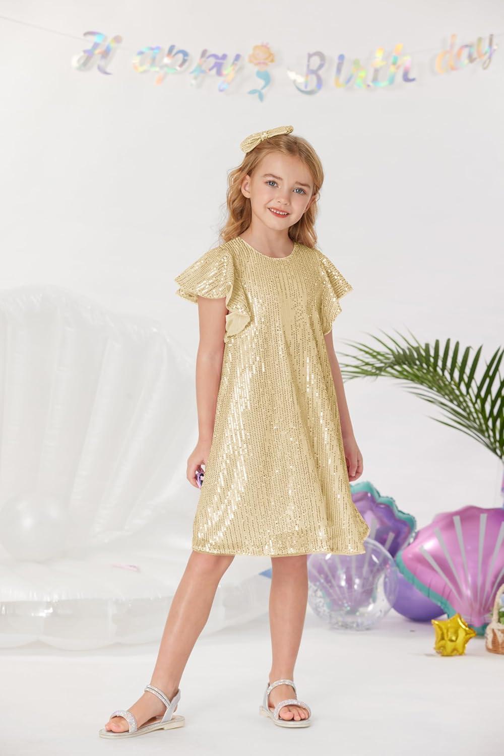 imageGRACE KARIN Girls Sequin Dress Short Flutter Sleeve Flare Silhouette Midi Dress with Hairbow 512YGold