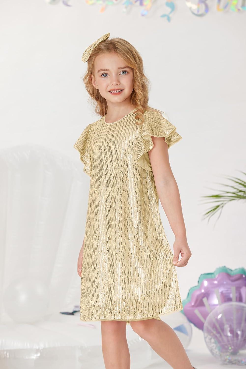 imageGRACE KARIN Girls Sequin Dress Short Flutter Sleeve Flare Silhouette Midi Dress with Hairbow 512YGold