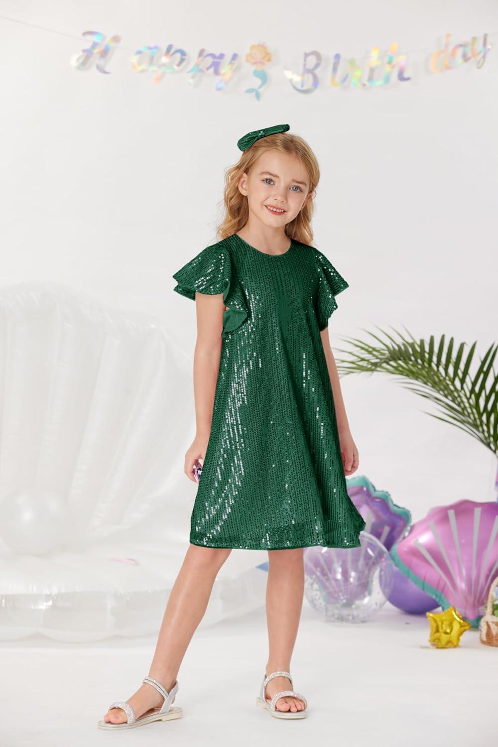 imageGRACE KARIN Girls Sequin Dress Short Flutter Sleeve Flare Silhouette Midi Dress with Hairbow 512YGreen